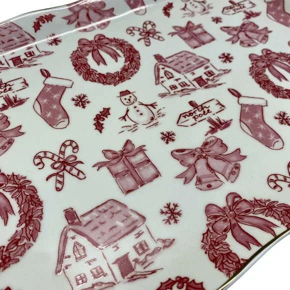 Christmas Toile Pattern Serving Tray Vintage Retro Ceramic Platter with Handles - Picture 6 of 7